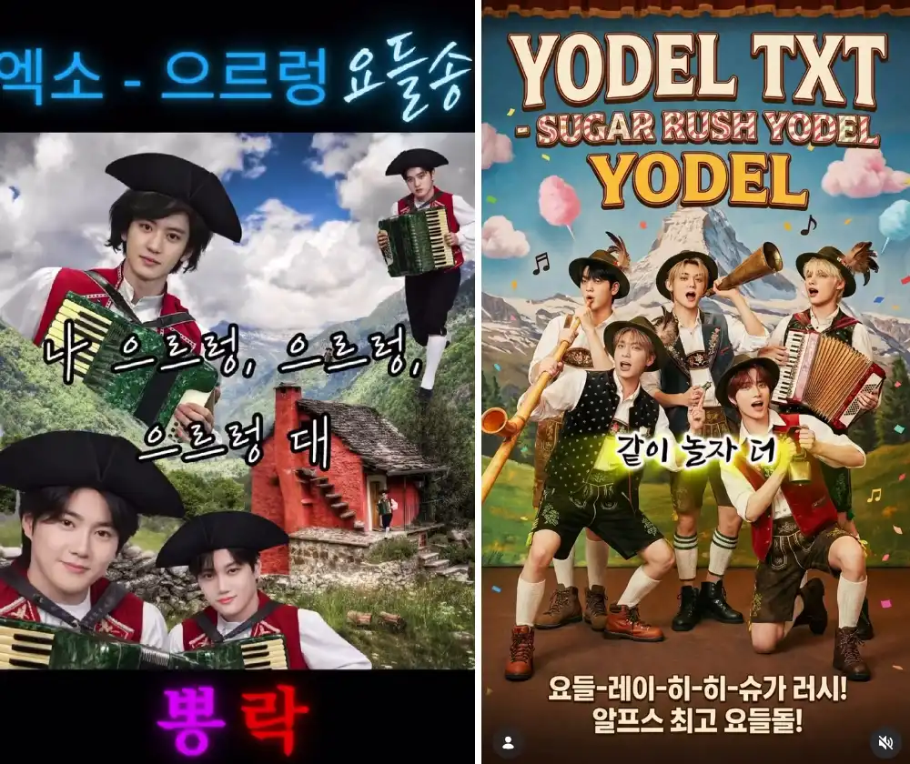 엑소 으르렁 요들송 투바투 슈러라 요들송